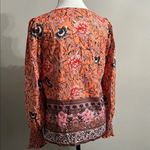 Boho Floral Print Lantern Sleeve Tie Front Blouse - Picture 5 of 11
